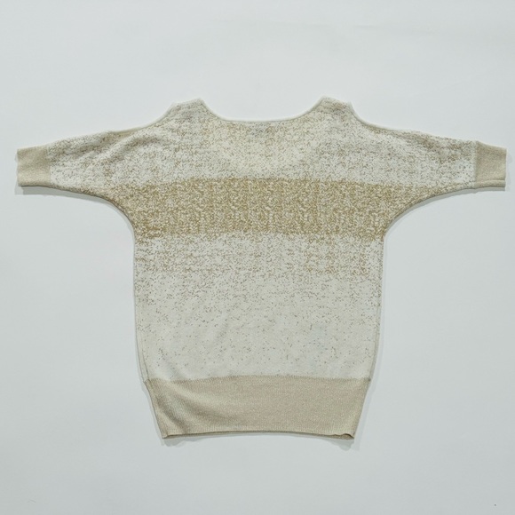 bebe Women's Sz M Pullover Cold Shoulder Sweater Beige/Gold Short Sleeves - Picture 2 of 3
